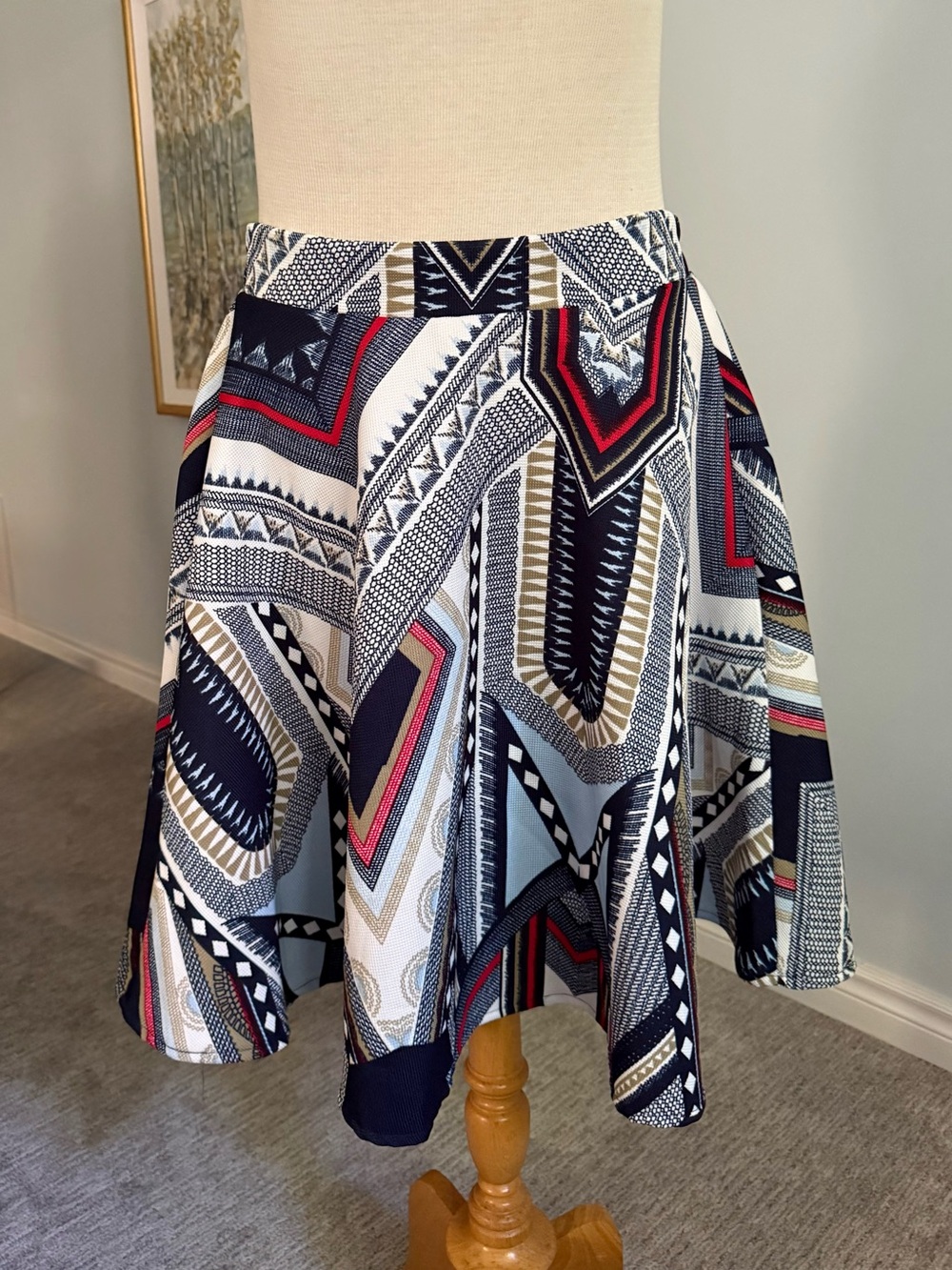 Molly Bracken Geometric Print Skater Skirt Navy Red Cream Elastic Waist